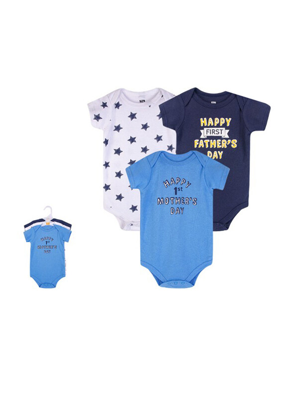 

Hudson Baby Happy 1st Mother's & Father's Day Short Sleeve Bodysuit Set for Baby Boys, 3 Pieces, 6-9 Months, Multicolour