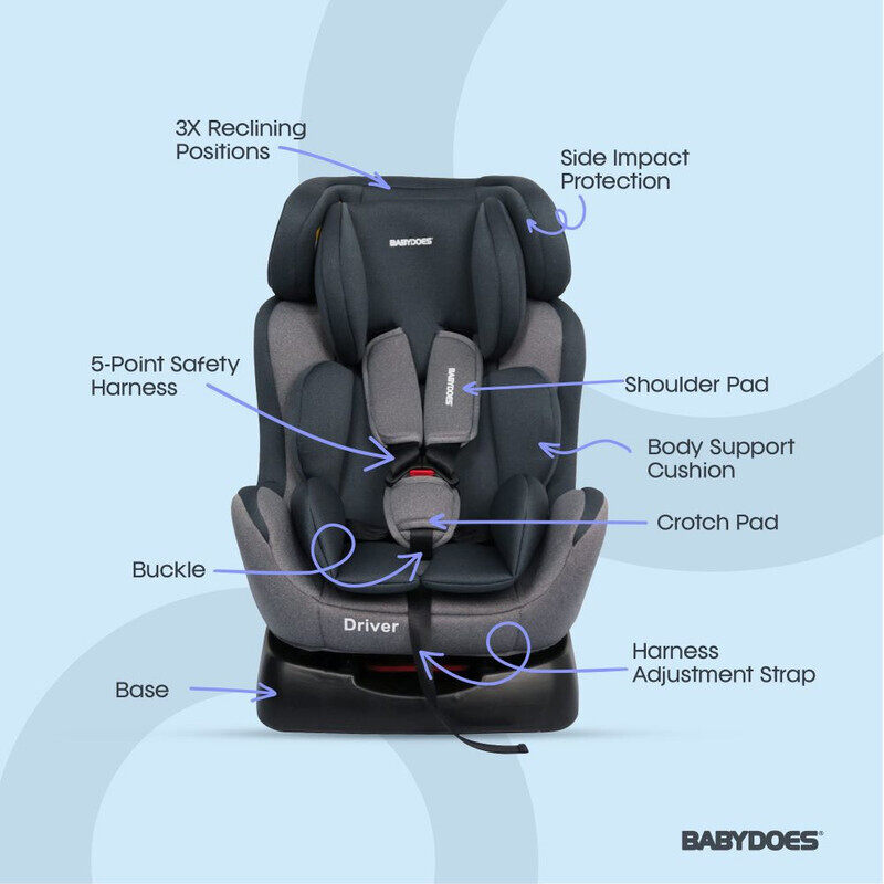 BABYDOES DRIVER - Baby/Infant/Kids Travel Car Seat, Group 0+1+2, Rearward/Forward Facing, 3x Reclining, Padded Seat, 0- 6 Years (Upto 25 kg) - Grey