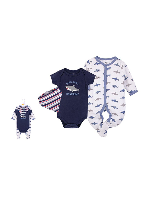Hudson Baby Sharks Layette Set for Baby Boys, 3 Pieces, 0-3 Months, Multicolour