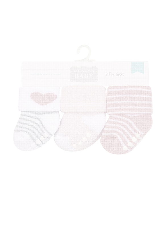 Hudson Baby Stripes Terry Socks with Non-Skid for Baby Girls, 3 Pieces, 0-6 Months, Pink