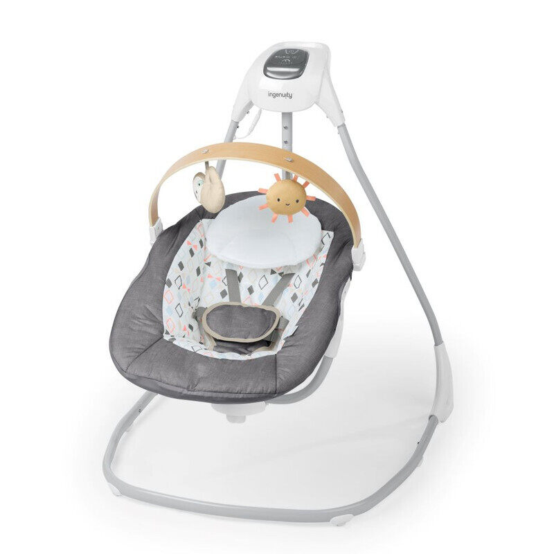 

Ingenuity - SimpleComfort Compact Soothing Swing, USB cord, Safety Harness, 2 Featuring Toys & Sounds, 0-9 Months - Parker