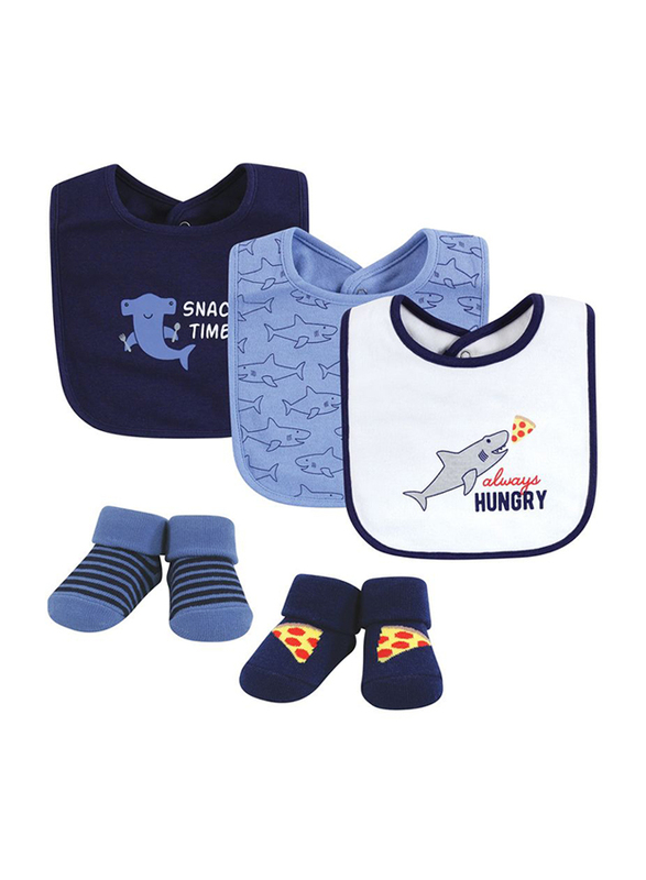 Hudson Baby Hungry Shark Bib & Socks Set for Baby Boys, 5 Pieces, 0-6 Months, Navy Blue