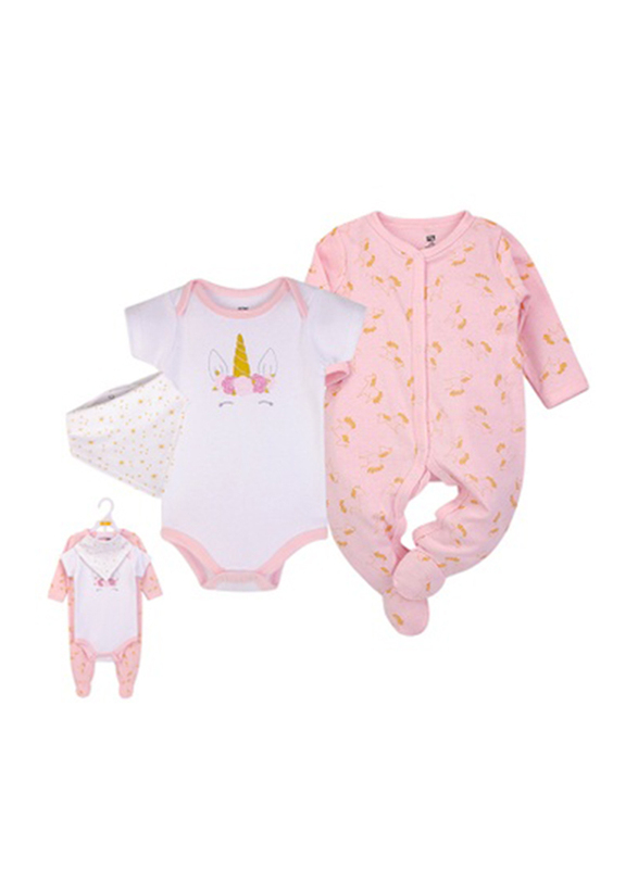 Hudson Baby Unicorn Layette Set for Baby Girls, 3 Pieces, 3-6 Months, Pink/White