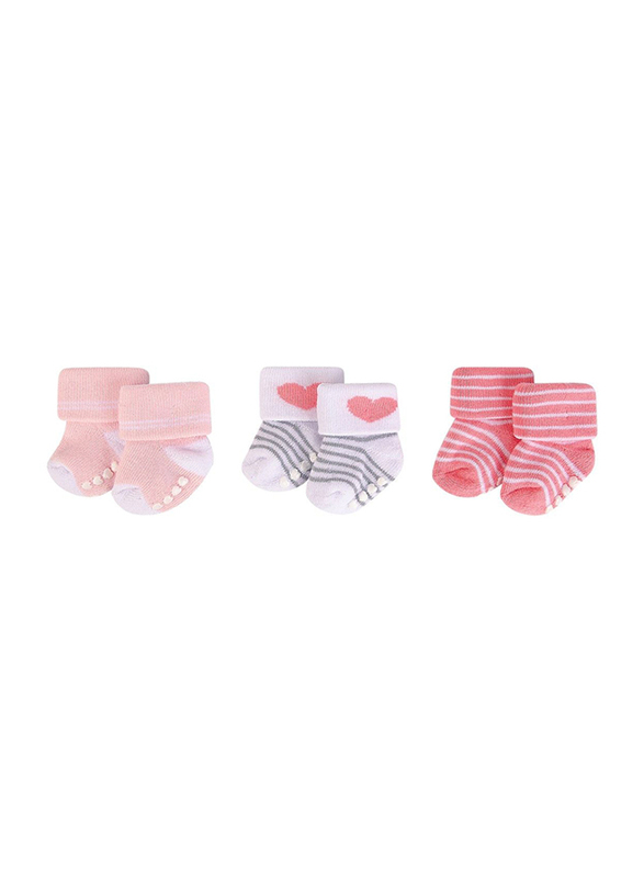 Hudson Baby Stripes Terry Socks with Non-Skid for Baby Girls, 3 Pieces, 0-6 Months, Pink