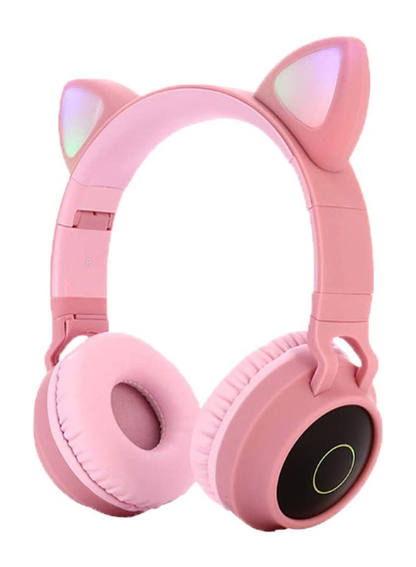 Wireless Over-Ear Cute Foldable Stereo Bass Headphones with LED Light, Pink
