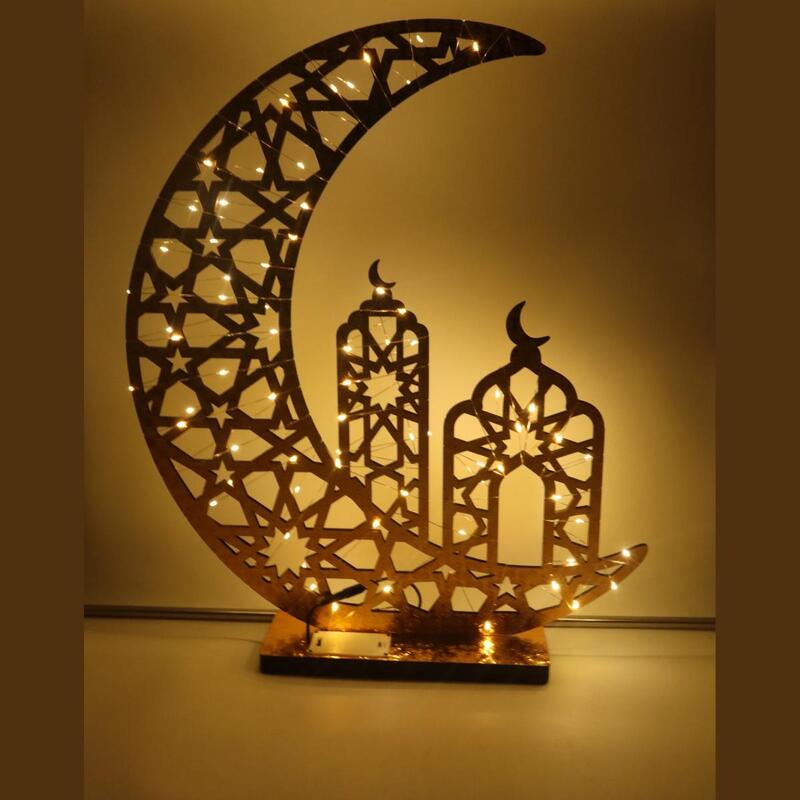 حامل خشبي ذهبي لطاولة ديكور رمضان مع ضوء LED جنية للمنزل والمكتب والديكور الداخلي هدية رمضان العربية 66 × 52 × 9.8 سم