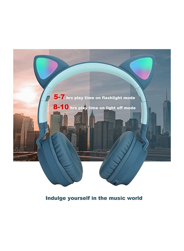 Wireless Over-Ear Cute Foldable Stereo Bass Headphones with LED Light, Teal