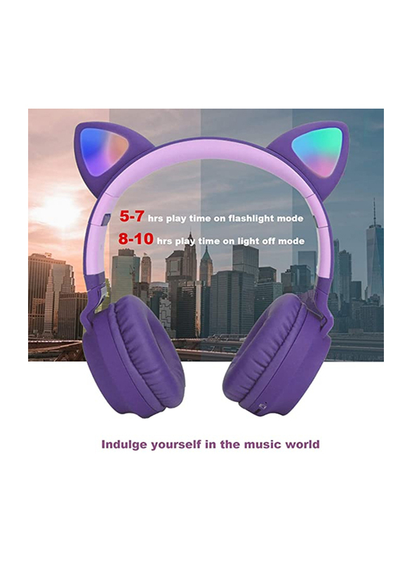 Wireless Over-Ear Cute Foldable Stereo Bass Headphones with LED Light, Purple