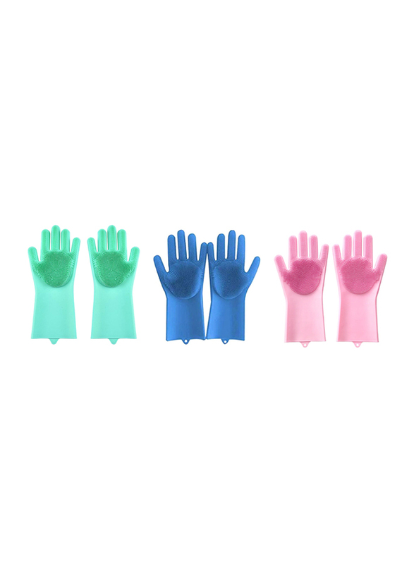 Yuwell Magic Silicone Gloves with Wash Scrubber, 3 Pair, Green/Blue/Pink