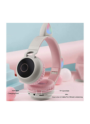 Wireless Over-Ear Cute Foldable Stereo Bass Headphones with LED Light, Light Pink