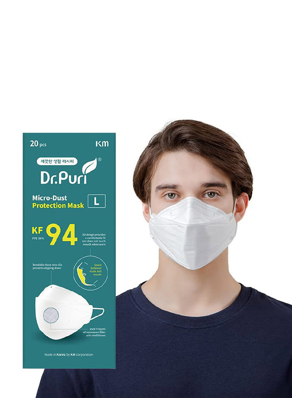 DR. Puri KF 94 Micro Dust Protection Face Mask, White, 20 Masks