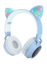 Wireless Over-Ear Cute Foldable Stereo Bass Headphones with LED Light, Light Blue