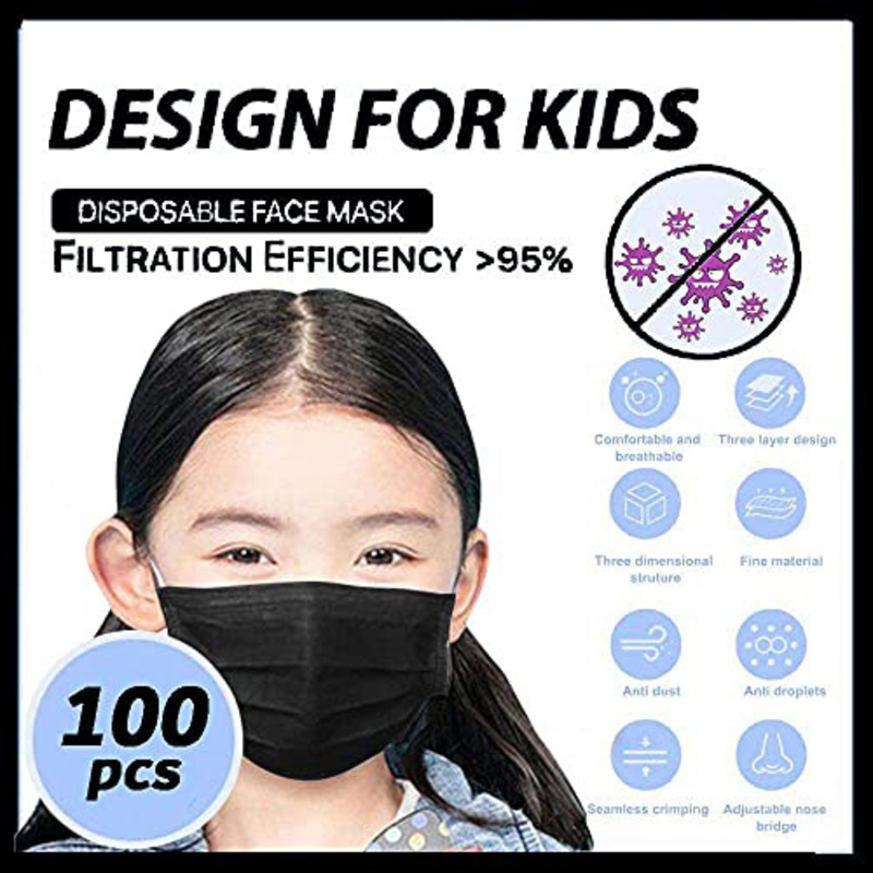 MedOne Plus 3 Layer Disposable Face Mask for Kids, Black, 100 Pieces