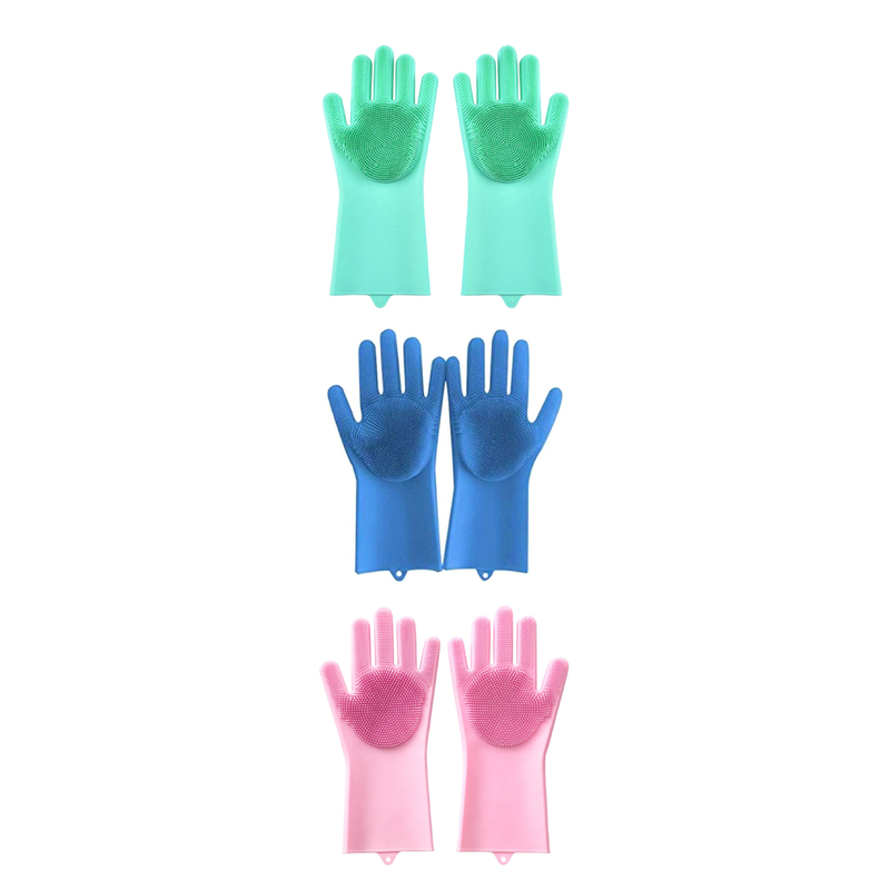 Yuwell Magic Silicone Gloves with Wash Scrubber, 3 Pair, Green/Blue/Pink