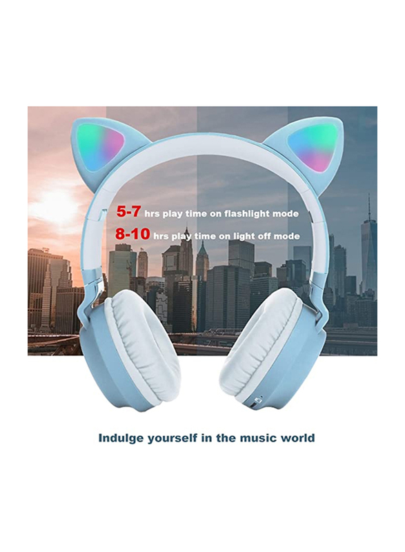 Wireless Over-Ear Cute Foldable Stereo Bass Headphones with LED Light, Light Blue