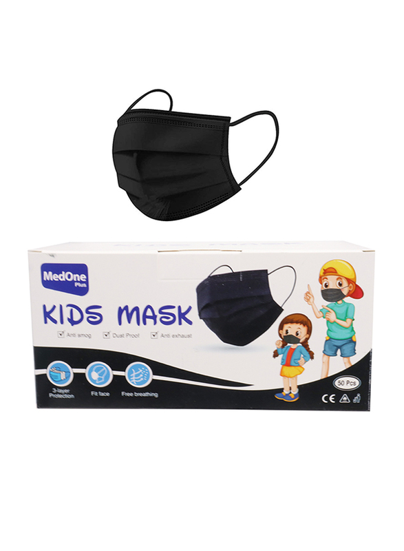 MedOne Plus 3-Layer Protective Disposable Face Mask for Kids, Black, 50 Pieces