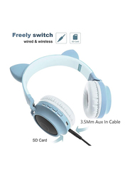 Wireless Over-Ear Cute Foldable Stereo Bass Headphones with LED Light, Light Blue