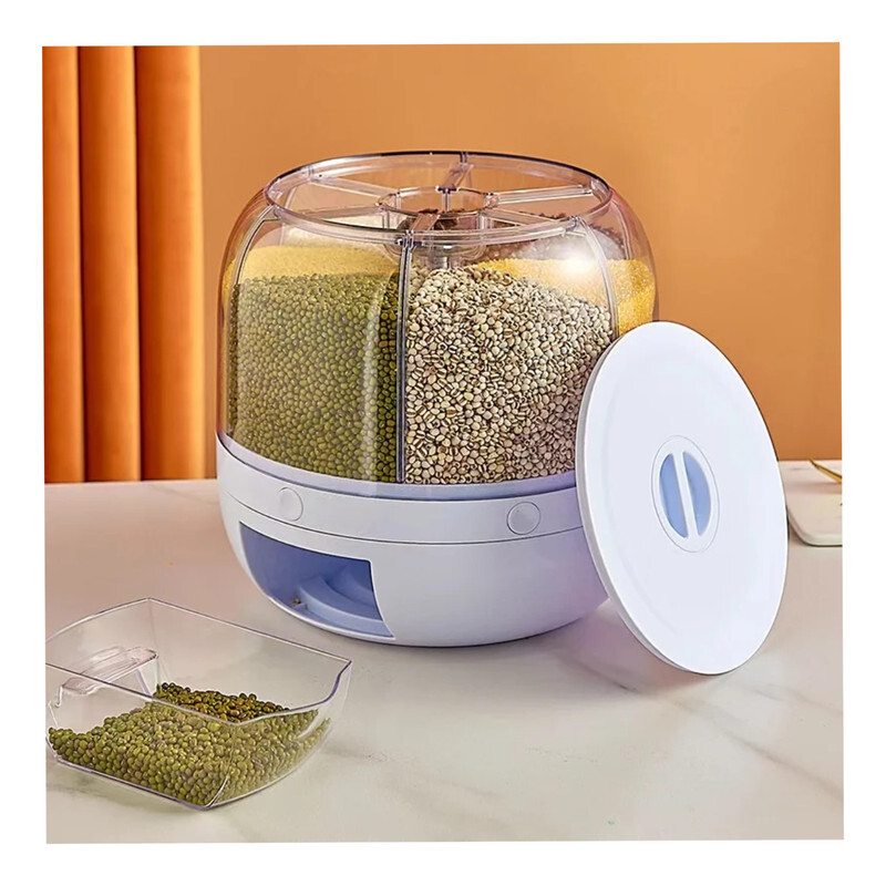 Grain Dispenser Lentil Dispenser 360° Rotating 6 Grid Food Dispenser Dry Food Dispenser Rotatable Sealed Rice Dispenser Food Container Storage Bucket For Kitchen 12KG