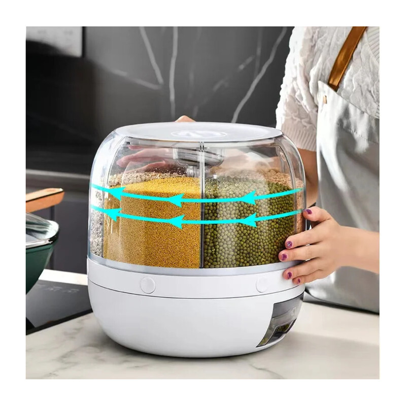 Grain Dispenser Lentil Dispenser 360° Rotating 6 Grid Food Dispenser Dry Food Dispenser Rotatable Sealed Rice Dispenser Food Container Storage Bucket For Kitchen 12KG