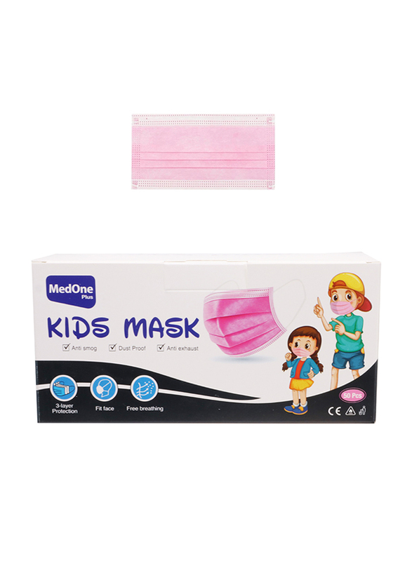 MedOne Plus Protective Disposable Face Mask for Kids, Pink, 50 Pieces