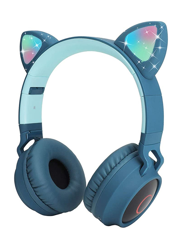 Wireless Over-Ear Cute Foldable Stereo Bass Headphones with LED Light, Teal