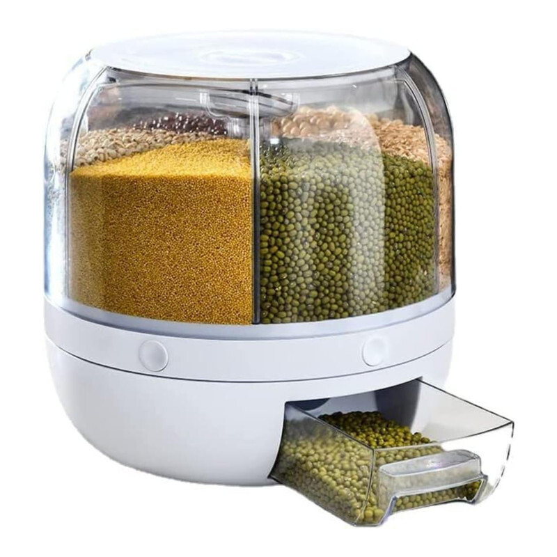 Grain Dispenser Lentil Dispenser 360° Rotating 6 Grid Food Dispenser Dry Food Dispenser Rotatable Sealed Rice Dispenser Food Container Storage Bucket For Kitchen 12KG