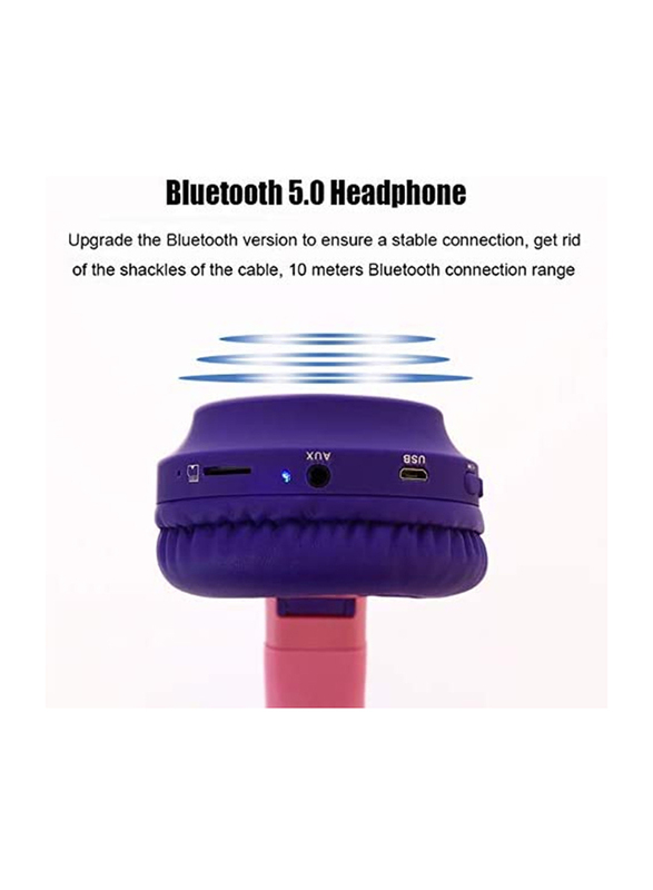 Wireless Over-Ear Cute Foldable Stereo Bass Headphones with LED Light, Purple