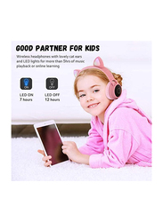 Wireless Over-Ear Cute Foldable Stereo Bass Headphones with LED Light, Pink