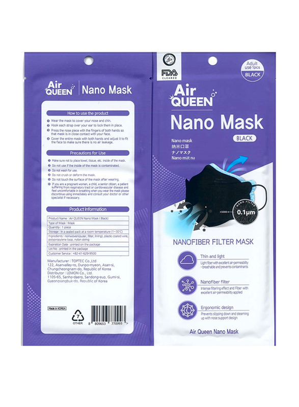 Air Queen Nano Face Mask, Black, 10 Pieces