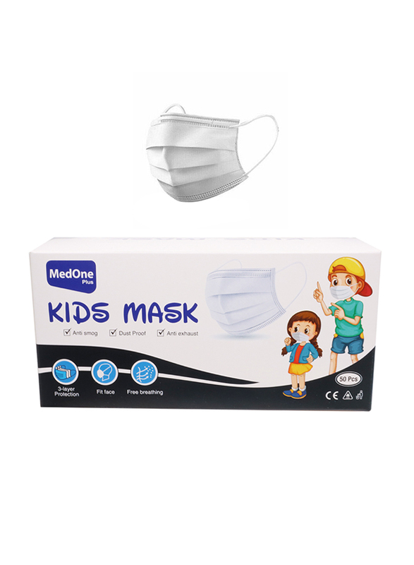 MedOne Plus 3-Layer Protective Disposаble Face Mask for Kids, White, 50 Pieces