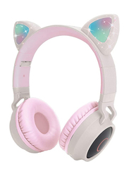 Wireless Over-Ear Cute Foldable Stereo Bass Headphones with LED Light, Light Pink