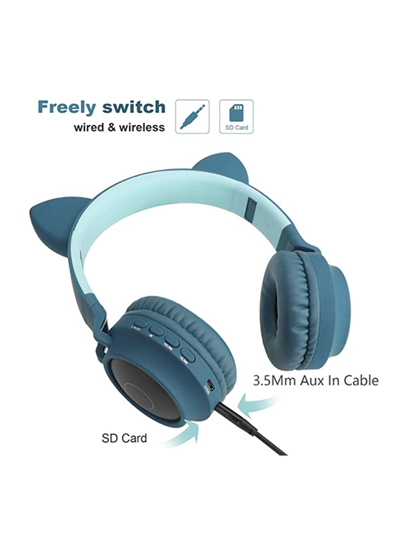 Wireless Over-Ear Cute Foldable Stereo Bass Headphones with LED Light, Teal