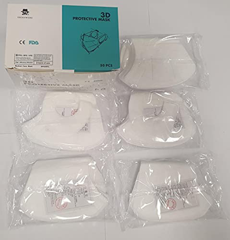 Shoeswere 3D Medical-Grade Protective Face Mask, White, 50 Pieces