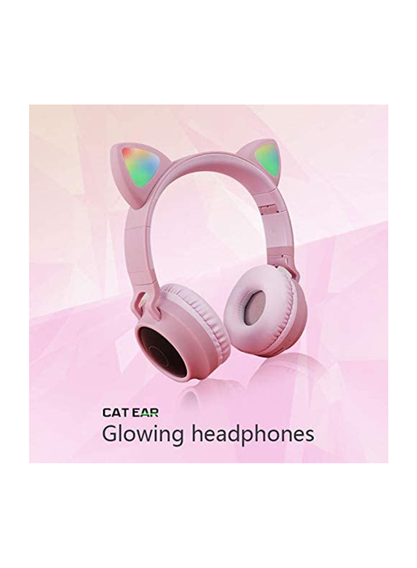 Wireless Over-Ear Cute Foldable Stereo Bass Headphones with LED Light, Pink