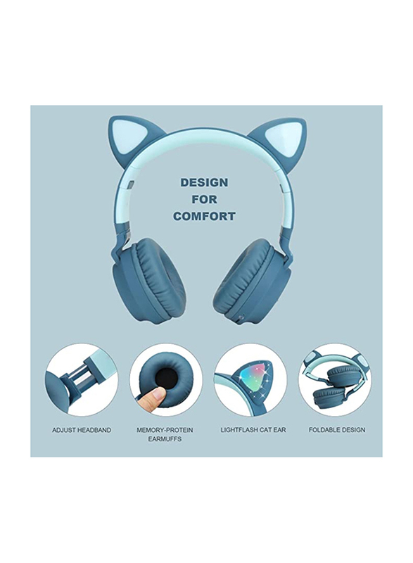 Wireless Over-Ear Cute Foldable Stereo Bass Headphones with LED Light, Teal