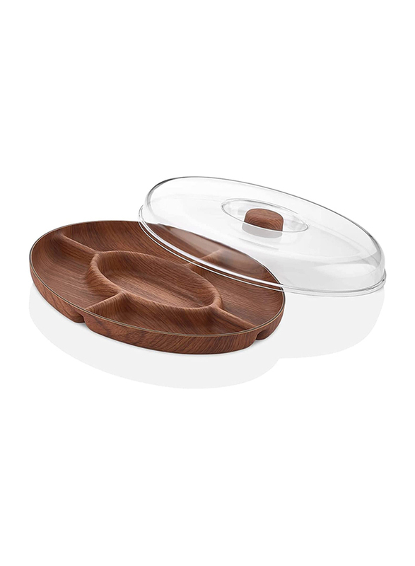 Evelin 2-Piece Wood Oval Nuts and Breakfast Serving Tray With Transparent Cover, Brown