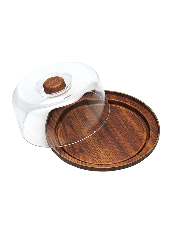 Evelin 2-Piece Wooden Round Multi Functional Cake Stand With Transparent Cover, Brown