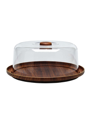 Evelin 2-Piece Wooden Round Multi Functional Cake Stand With Transparent Cover, Brown