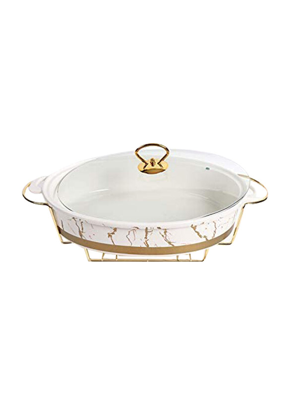 

Orchid 15-inch Marble Oval Buffet Food Warmer Serving Bowl with Rack, Gold/White