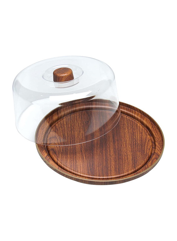 Evelin 2-Piece Wooden Round Multi Functional Cake Stand With Transparent Cover, Brown