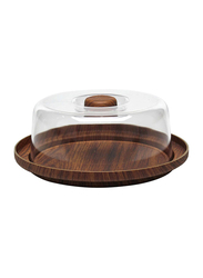 Evelin 2-Piece Wooden Round Multi Functional Cake Stand With Transparent Cover, Brown