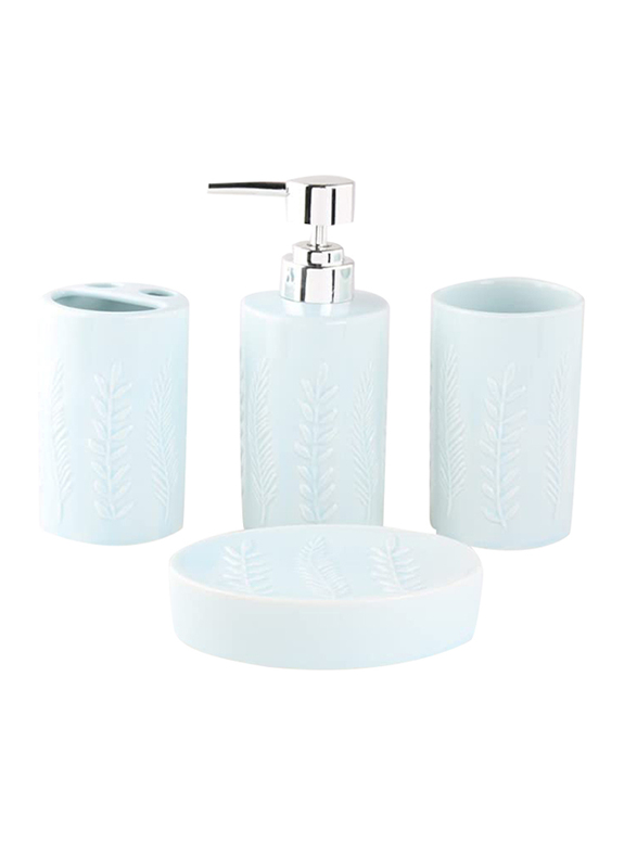 Orchid Leaf Pattern Ceramic Bath Accessories Set, 4-Pieces, Blue/Silver