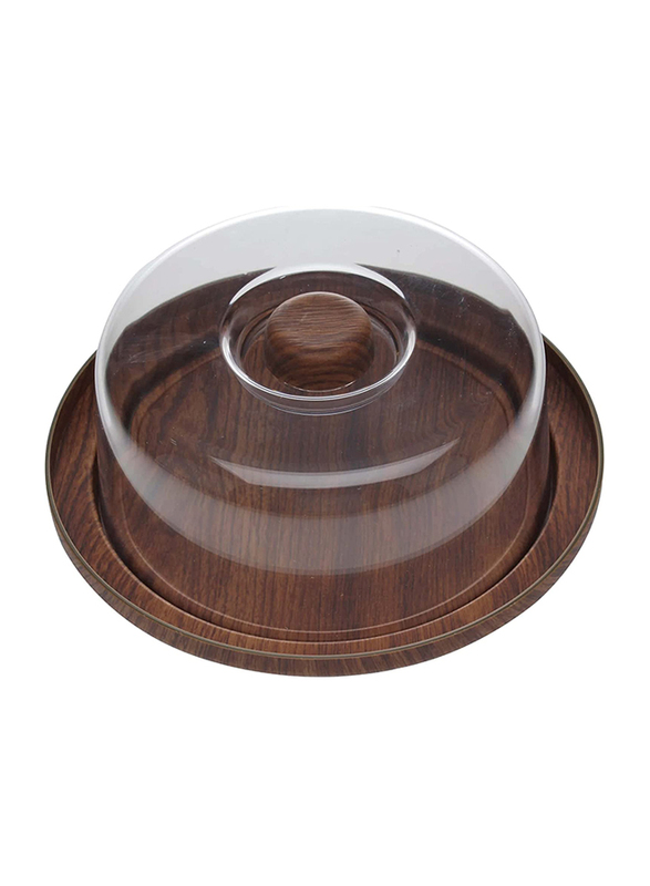 Evelin 2-Piece Wooden Round Multi Functional Cake Stand With Transparent Cover, Brown