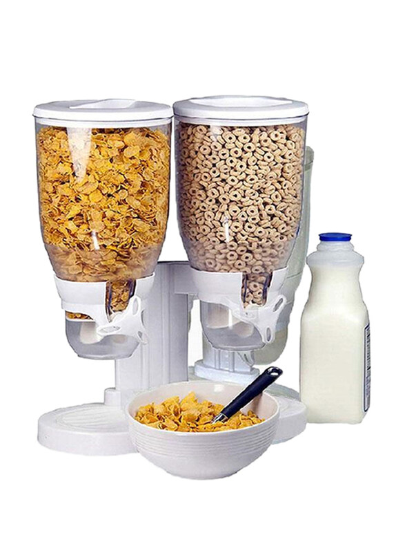 

Generic Cereal Double Storage Dry Food Dispenser, White/Clear