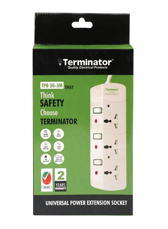 

Terminator 5m 3 Way UK Plug Extension Cord Sockets, White