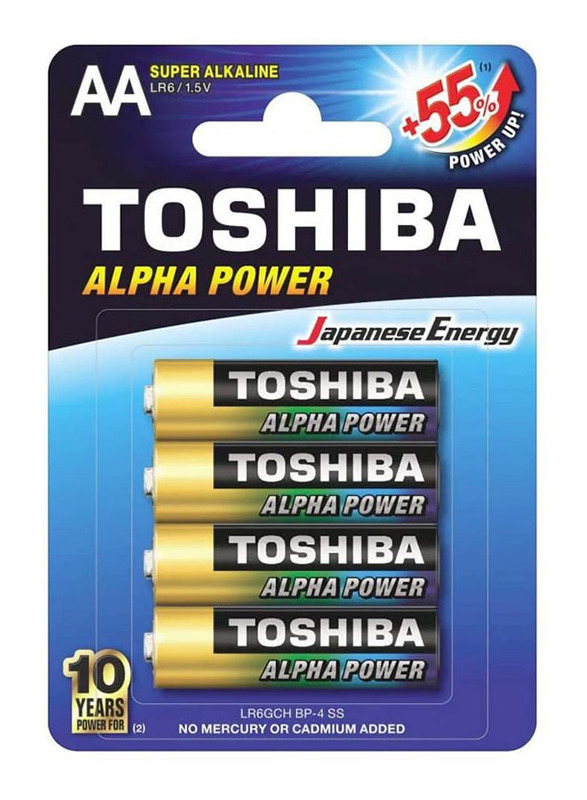 Toshiba 1.5V Alpha Power AA Alkaline Batteries, 4 Pieces, Black/Gold