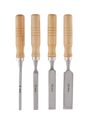 Sparta 4 Piece 6-12-18-24mm Chisel Flat Set with Wooden Handle, 243965, Silver/Beige