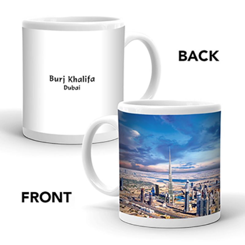 

Ahmed Al Maghribi Perfumes Ajooba Dubai Souvenir Mug Burj Khalifa 0015, White