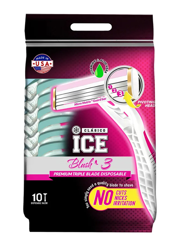 Clasico Ice Blush 3 Disposable Triple Blade Razor for Women, White/Pink, 10 Pieces