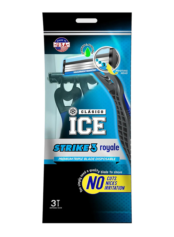 Clasico Ice Strike 3 Disposable Triple Blade Razor for Men, Royale Blue/Grey, 3 Pieces